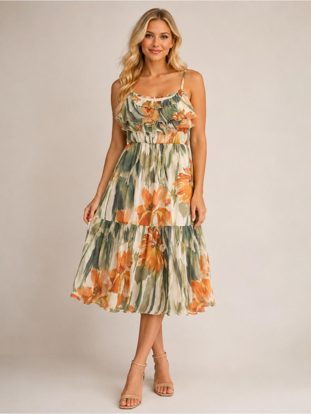 Leslie Fay Floral Chiffon Midi Dress Size 12 Tiered Ruffle Sleeveless